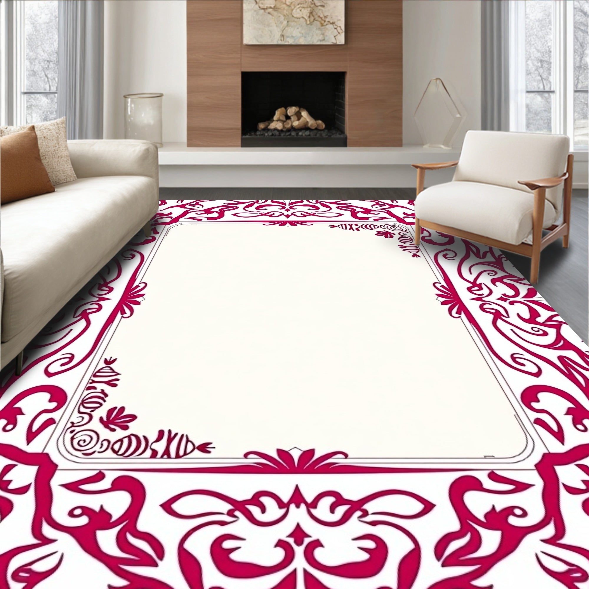 Ornate Crimson Scrollwork Design Rug