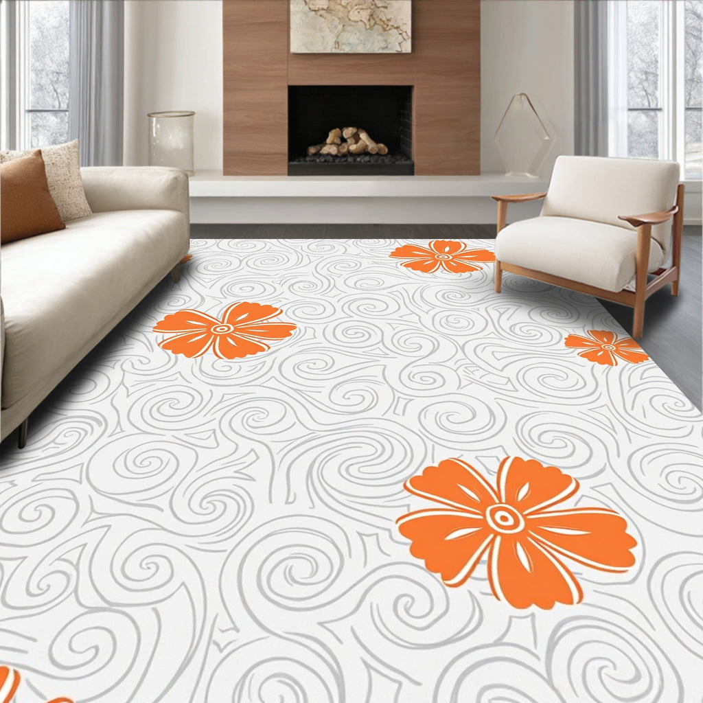 Floral Swirls Orange Gray Pattern Rug