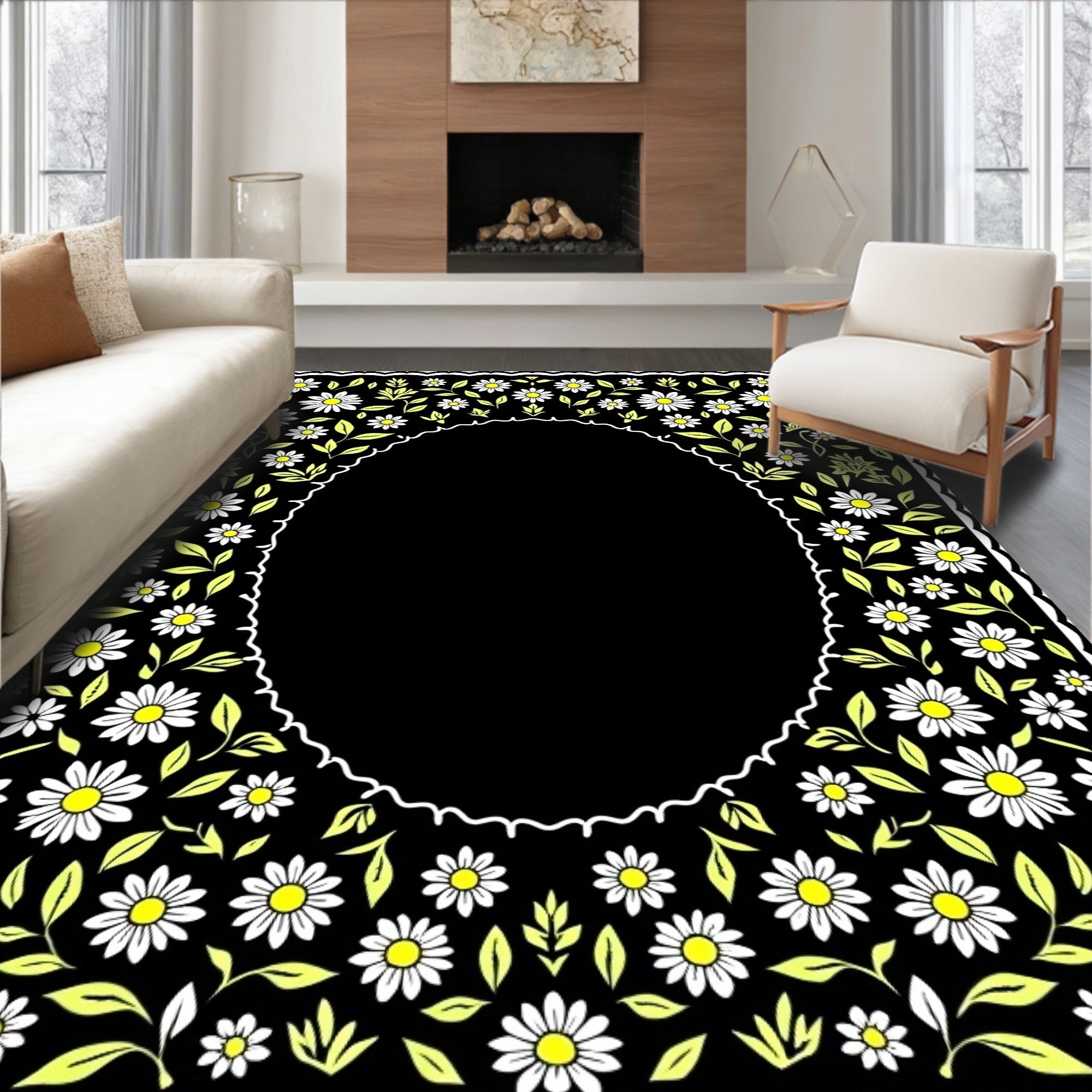 Floral Daisy Pattern Dark Rug