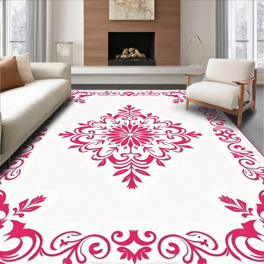 Elegant Magenta Floral Medallion Corner Rug
