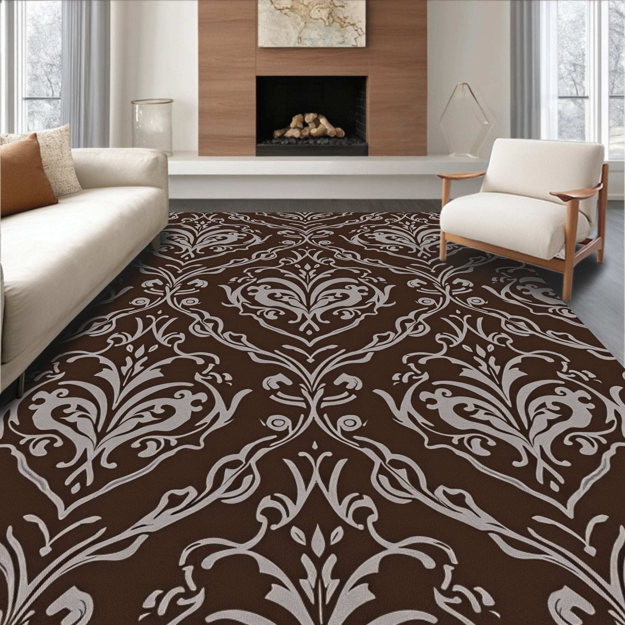 Brown Damask Floral Scroll Pattern Rug