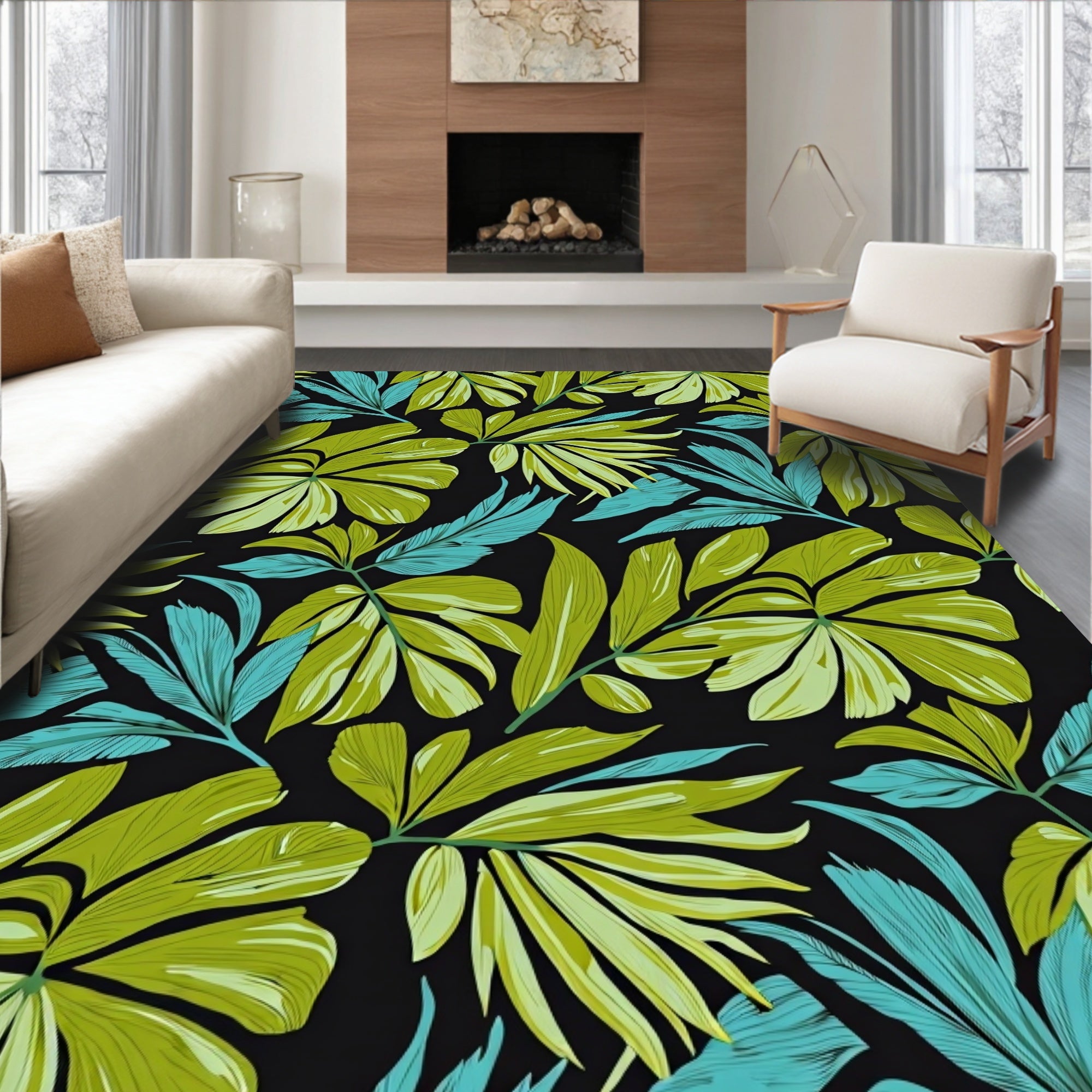 Lush Green Teal Leaf Pattern Rug