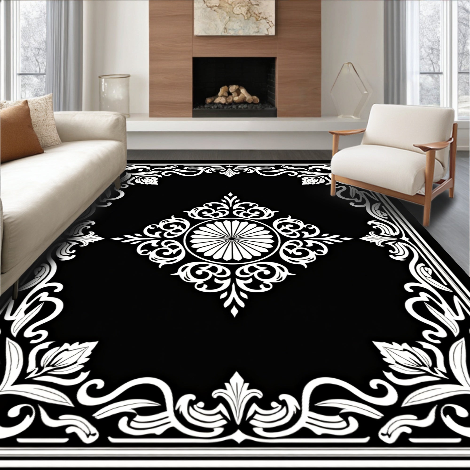 Black White Ornate Floral Frame Design Rug