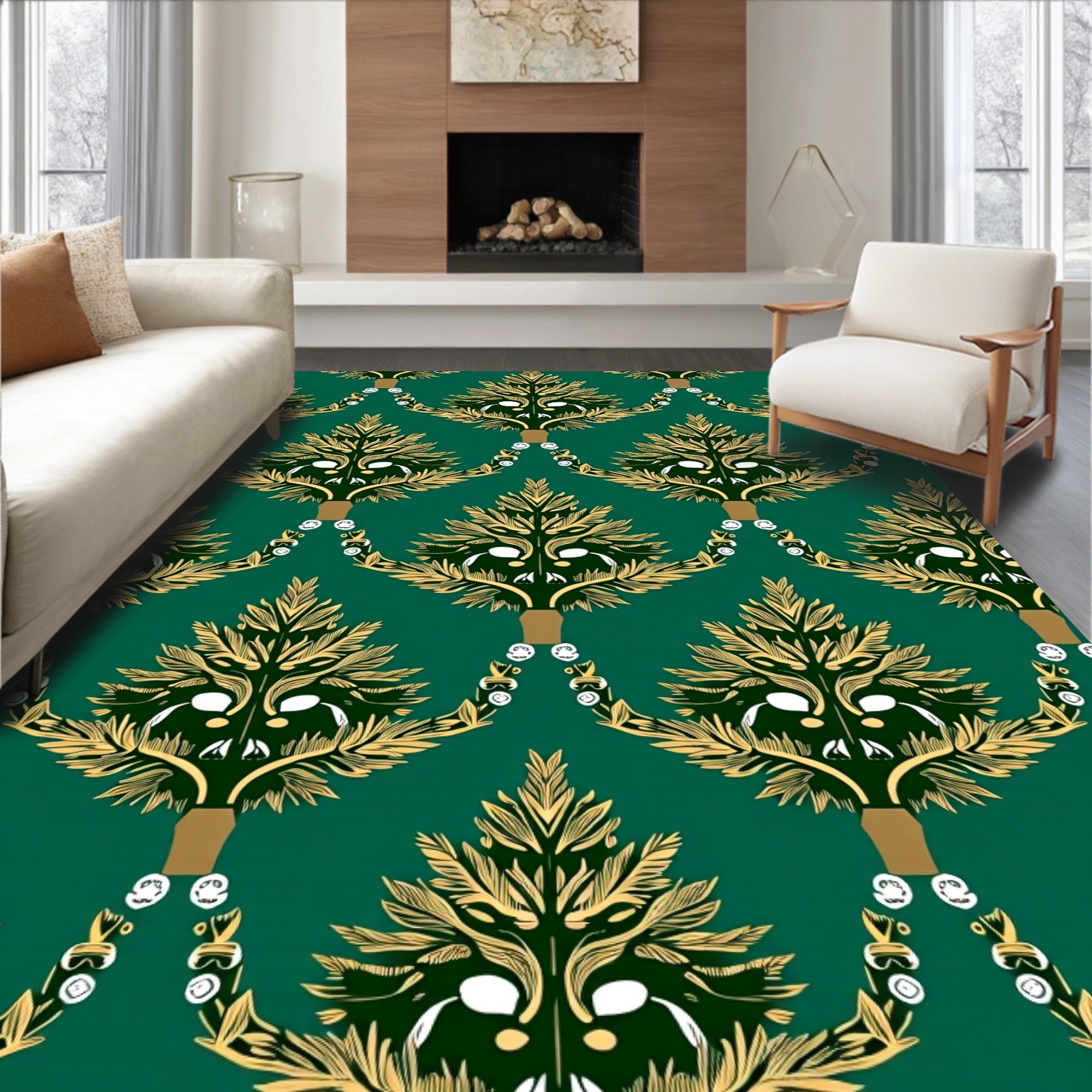 Emerald and Gold Leaf Ornament Rug