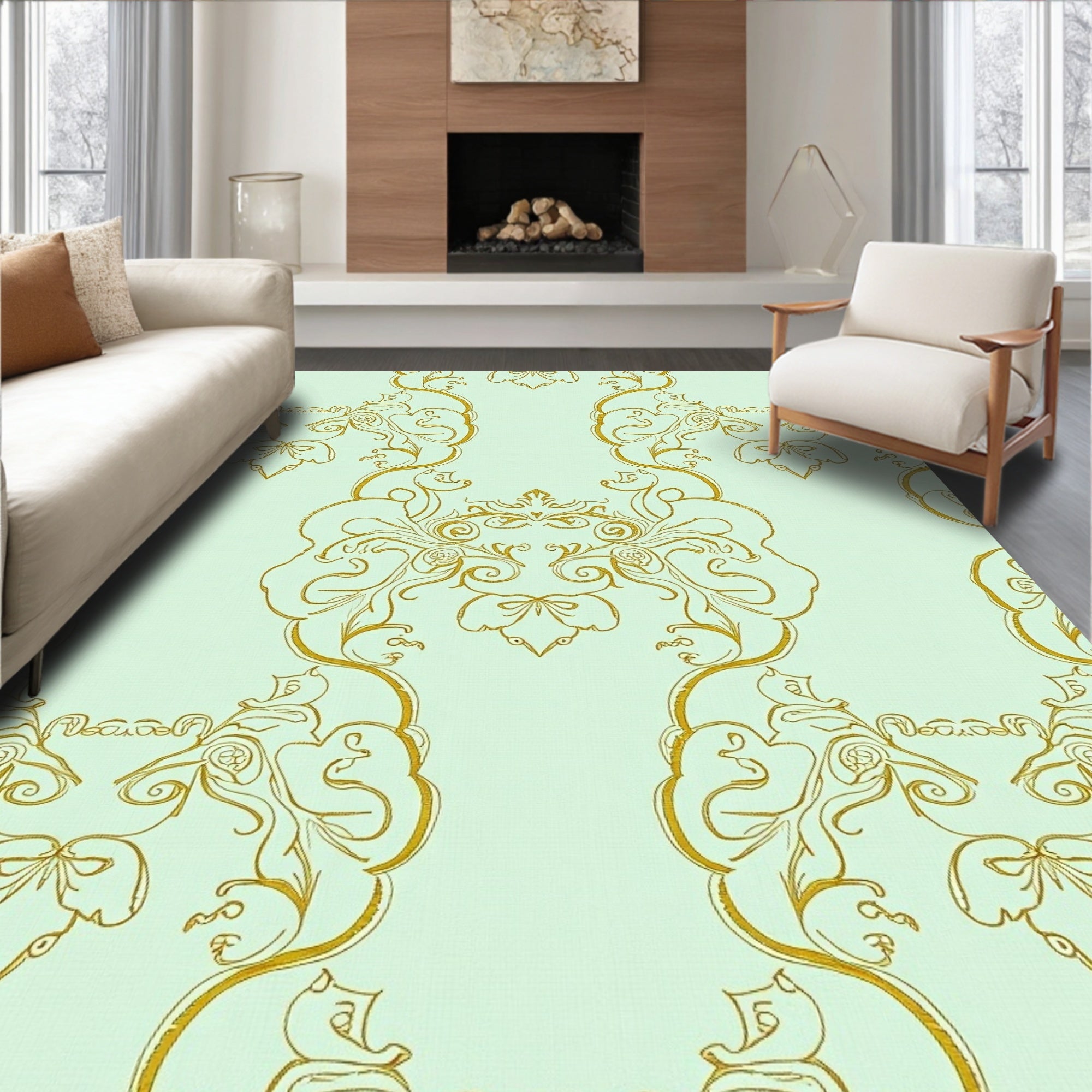 Gold Swirling Floral Damask Rug