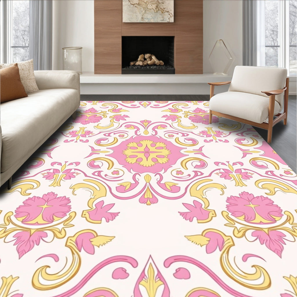 Pink and Gold Floral Damask Pattern Rug