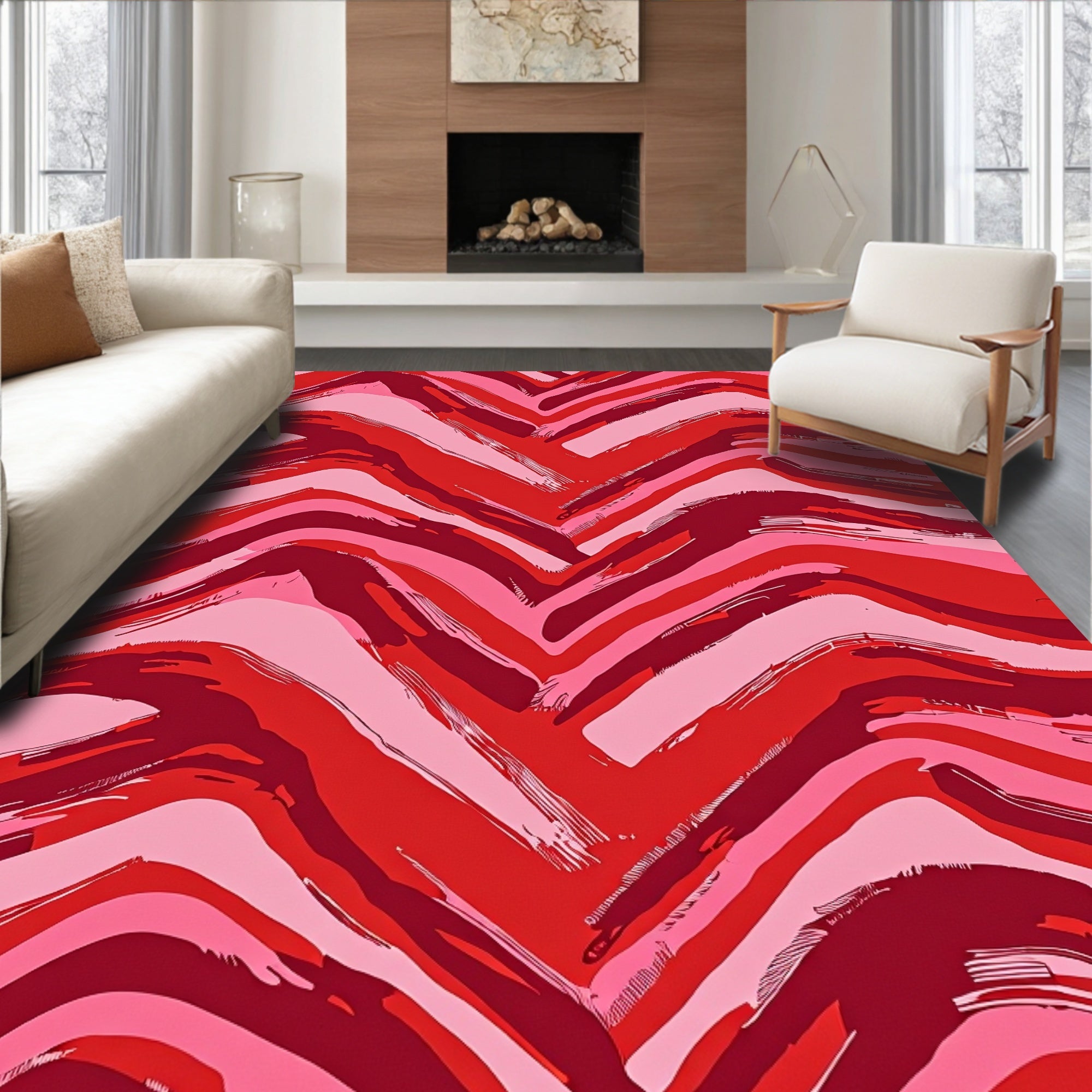 Bold Red Pink Brushstroke Stripe Rug