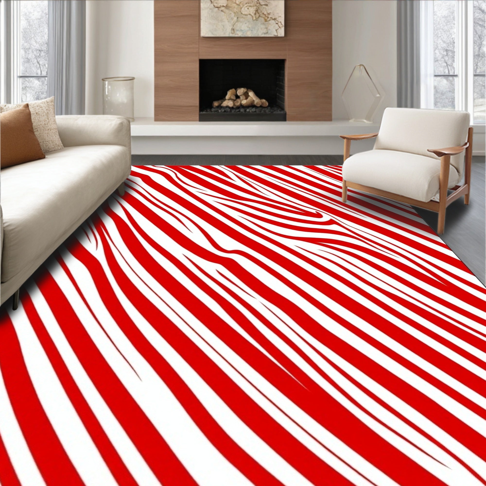 Bold Red White Swirl Stripes Rug