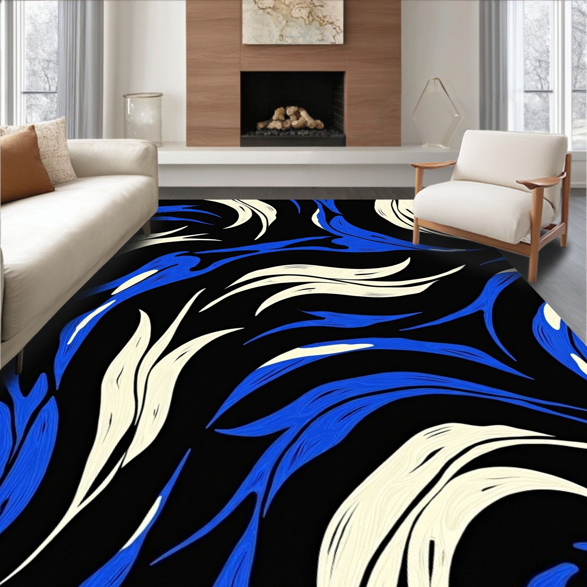Abstract Blue Ivory Streak Design Rug