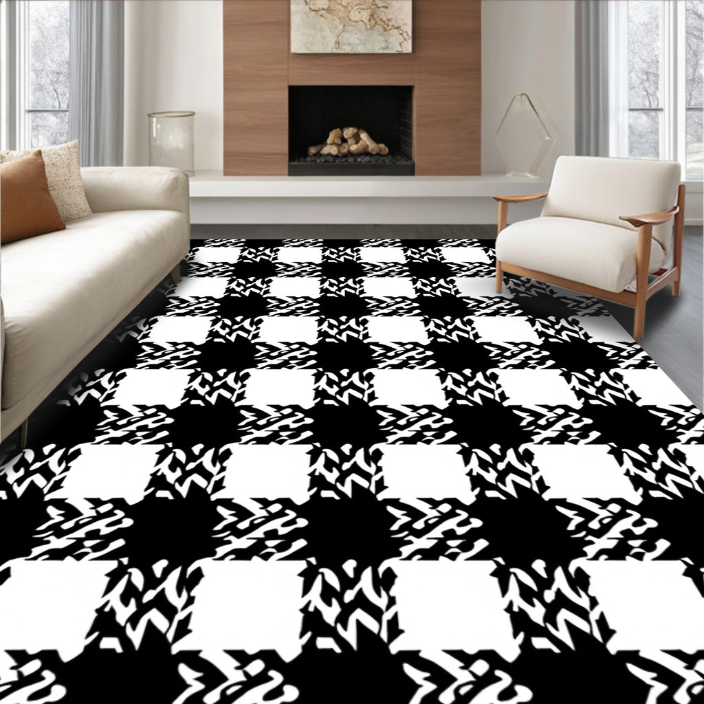 Bold Black White Checkered Pattern Rug