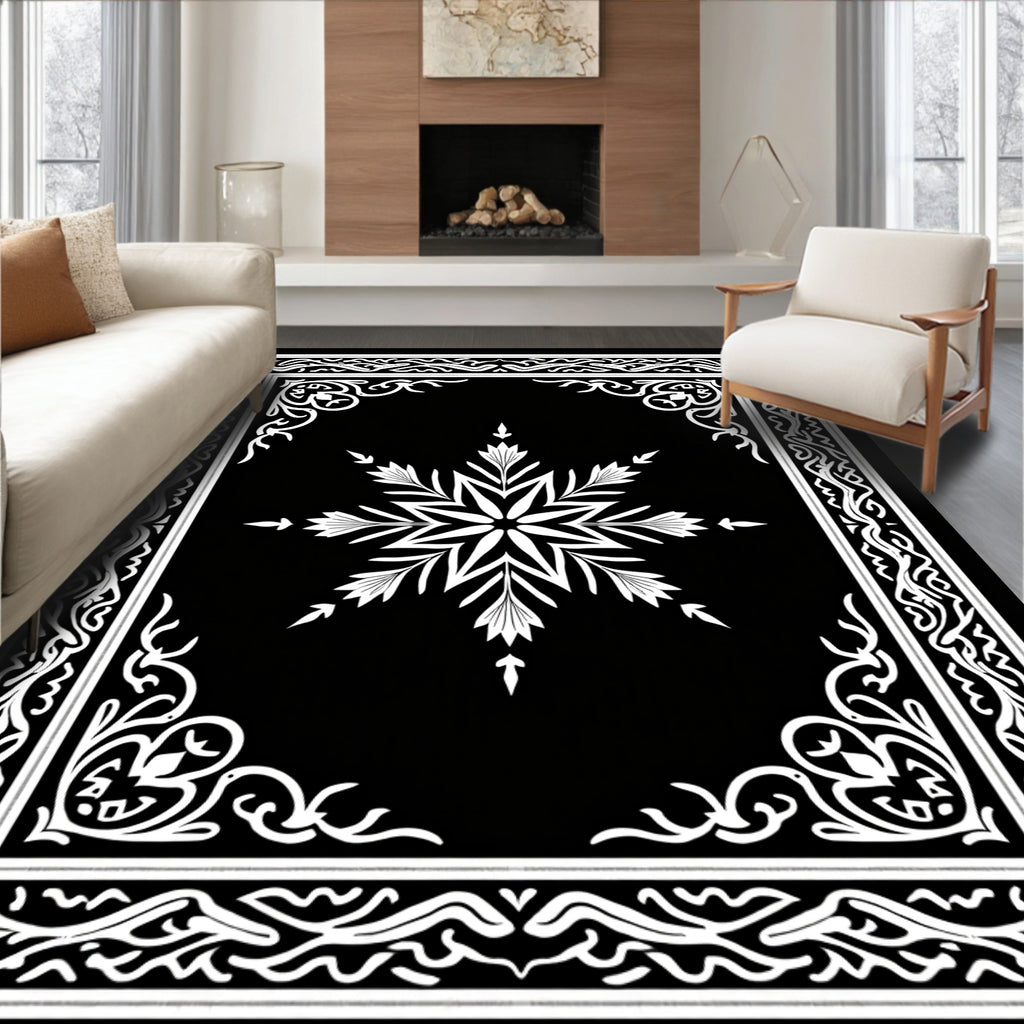 Ornate Snowflake Star Border Design Rug