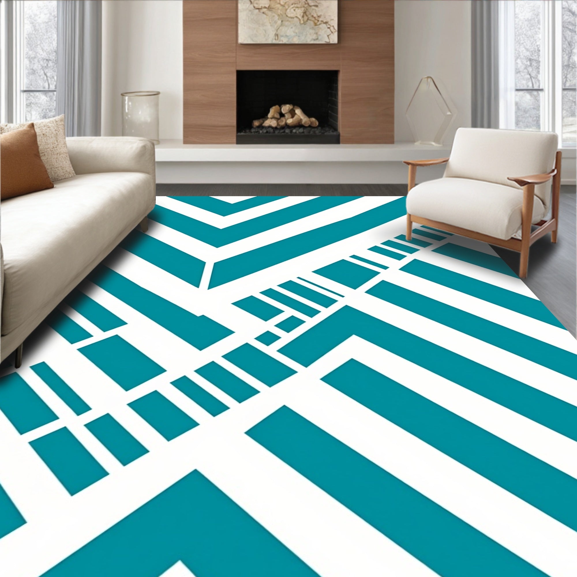 Teal White Geometric Chevron Rug