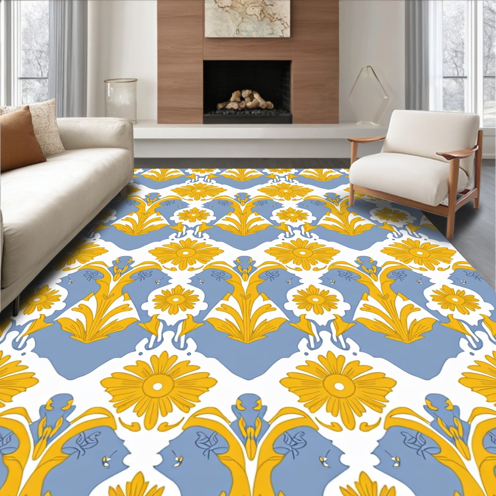 Yellow Floral Blue Crest Pattern Rug