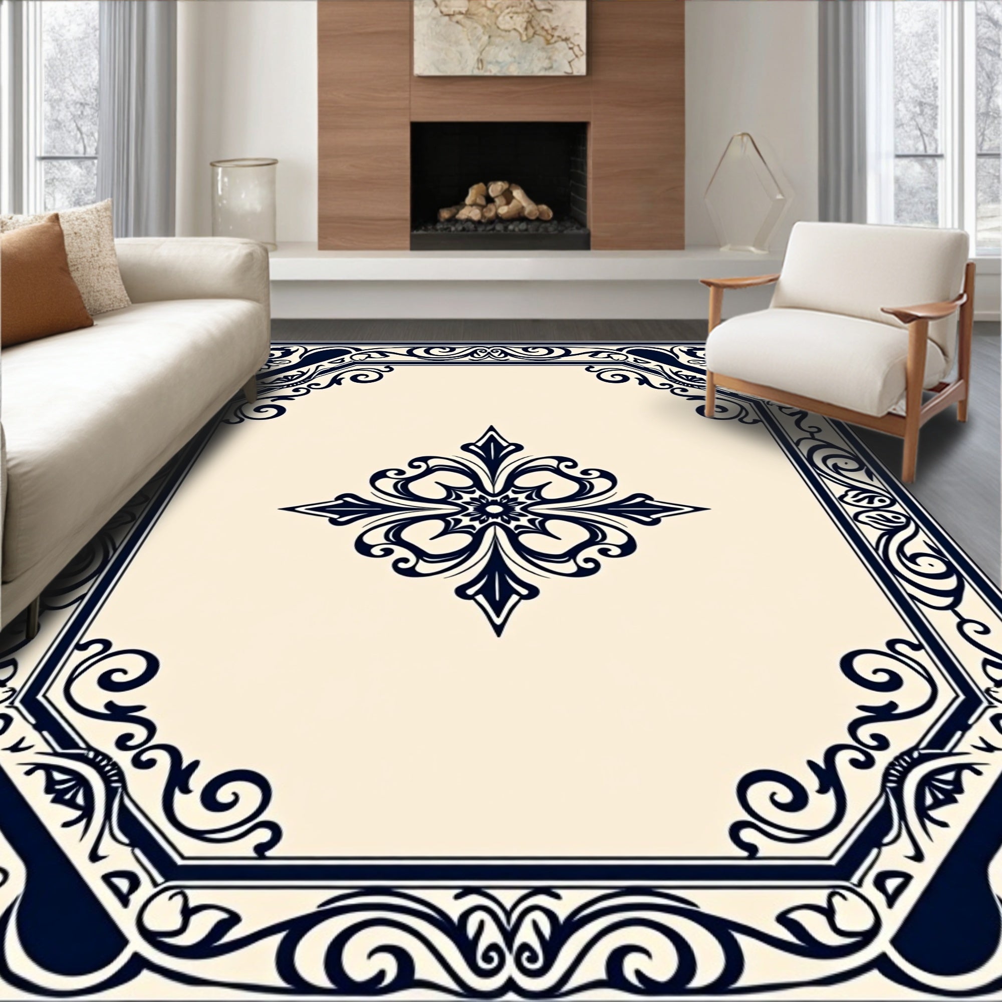 Classic Dark Blue Scrollwork Elegant Design Rug