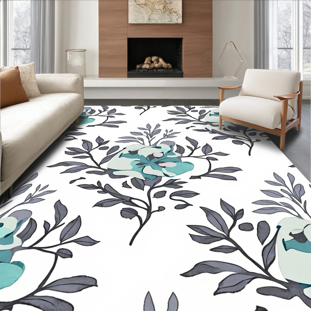 Abstract Floral Branches Blue-Green Pattern Rug