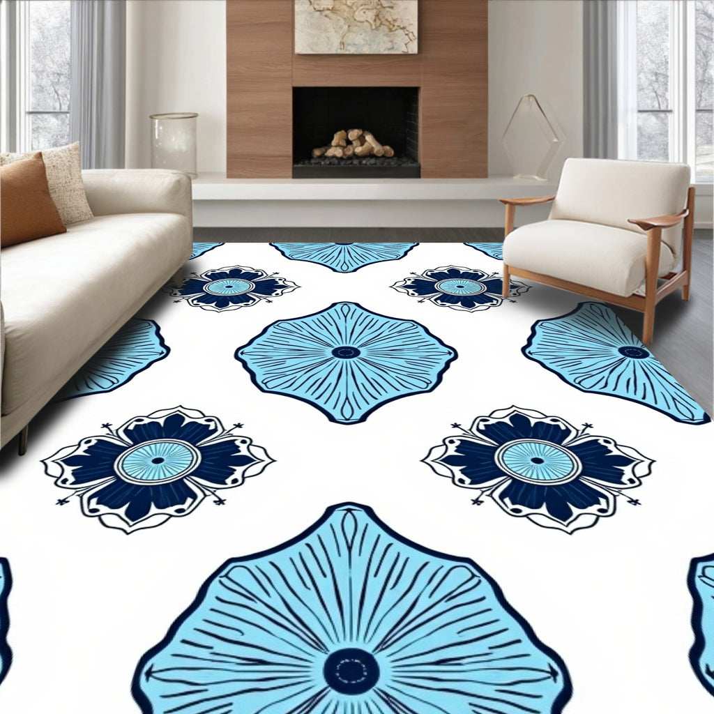 Floral Medallion Blue White Pattern Rug