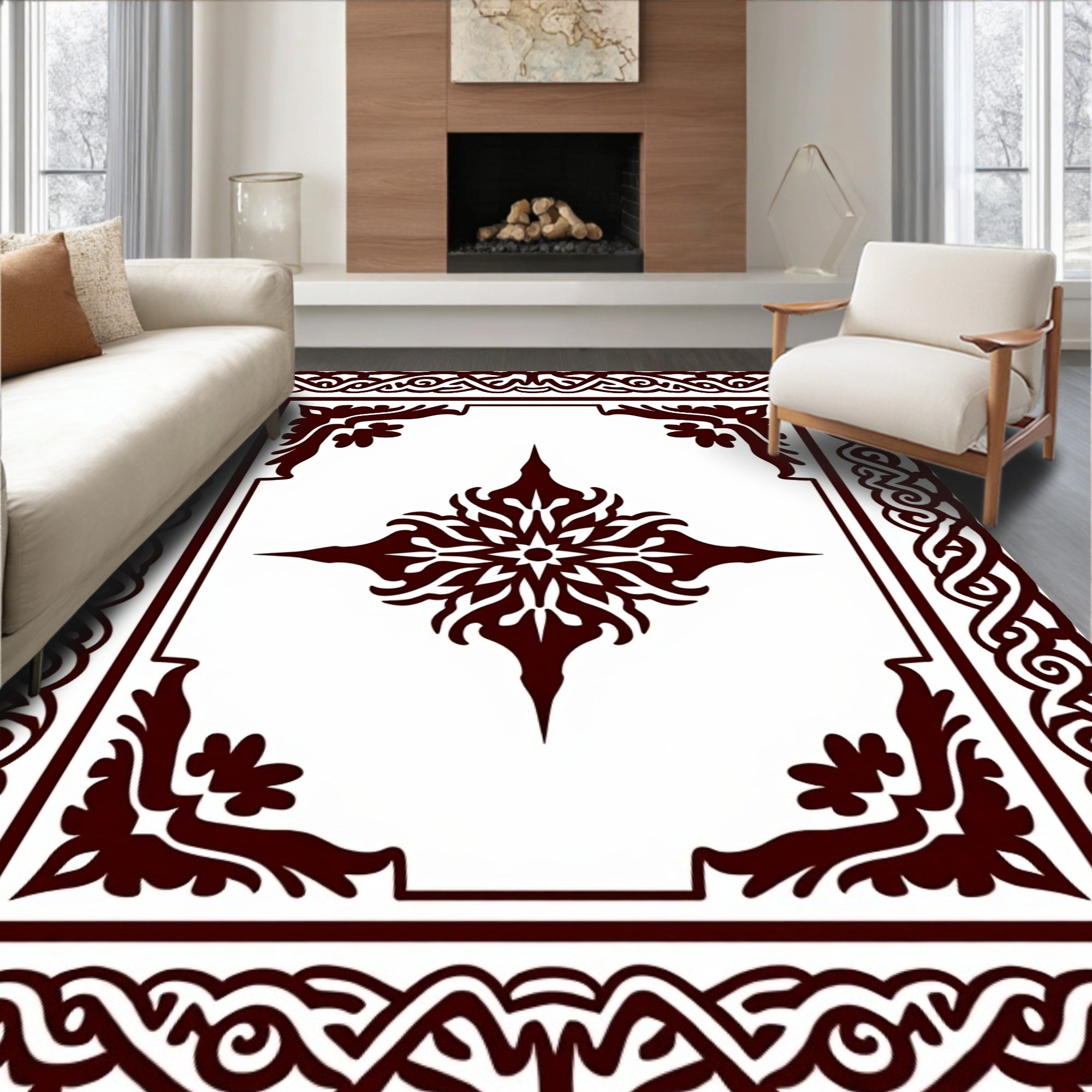 Ornate Symmetrical Floral Border Design Rug