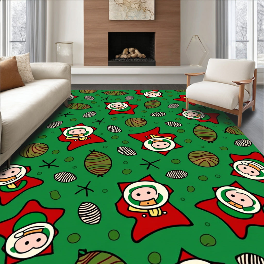 Whimsical Red Star Folk Characters Rug