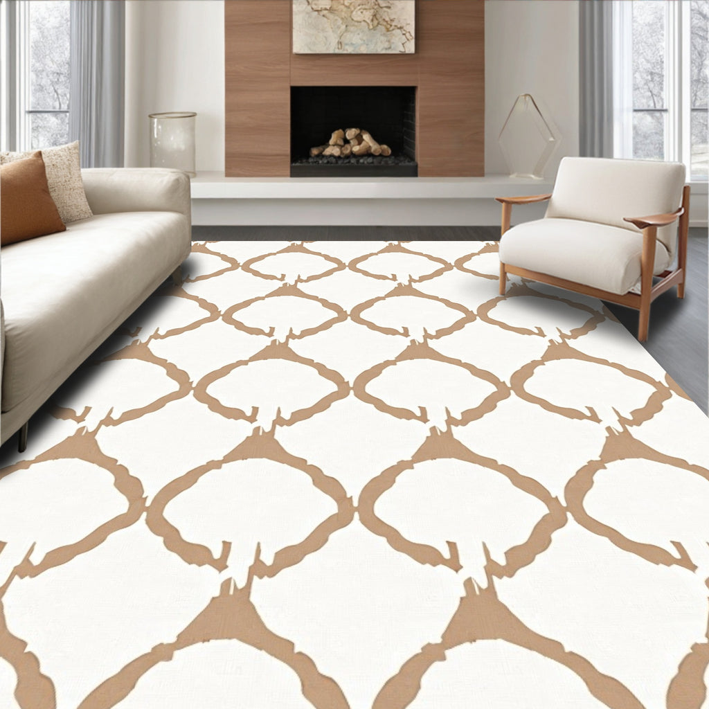 Tan White Lattice Pattern Rug