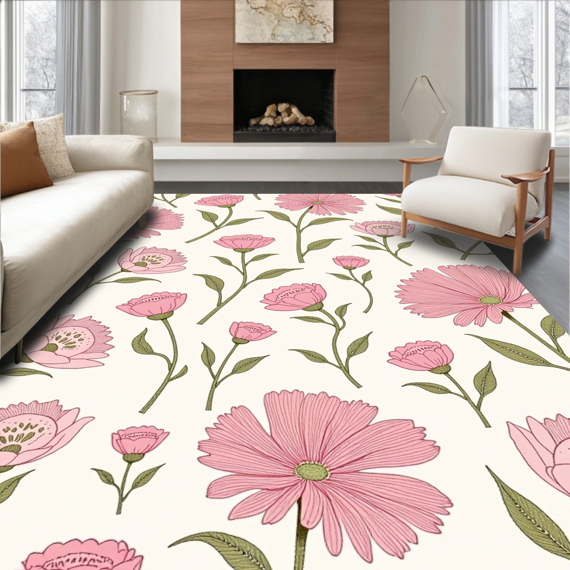 Vintage Pink Floral Garden Design Rug