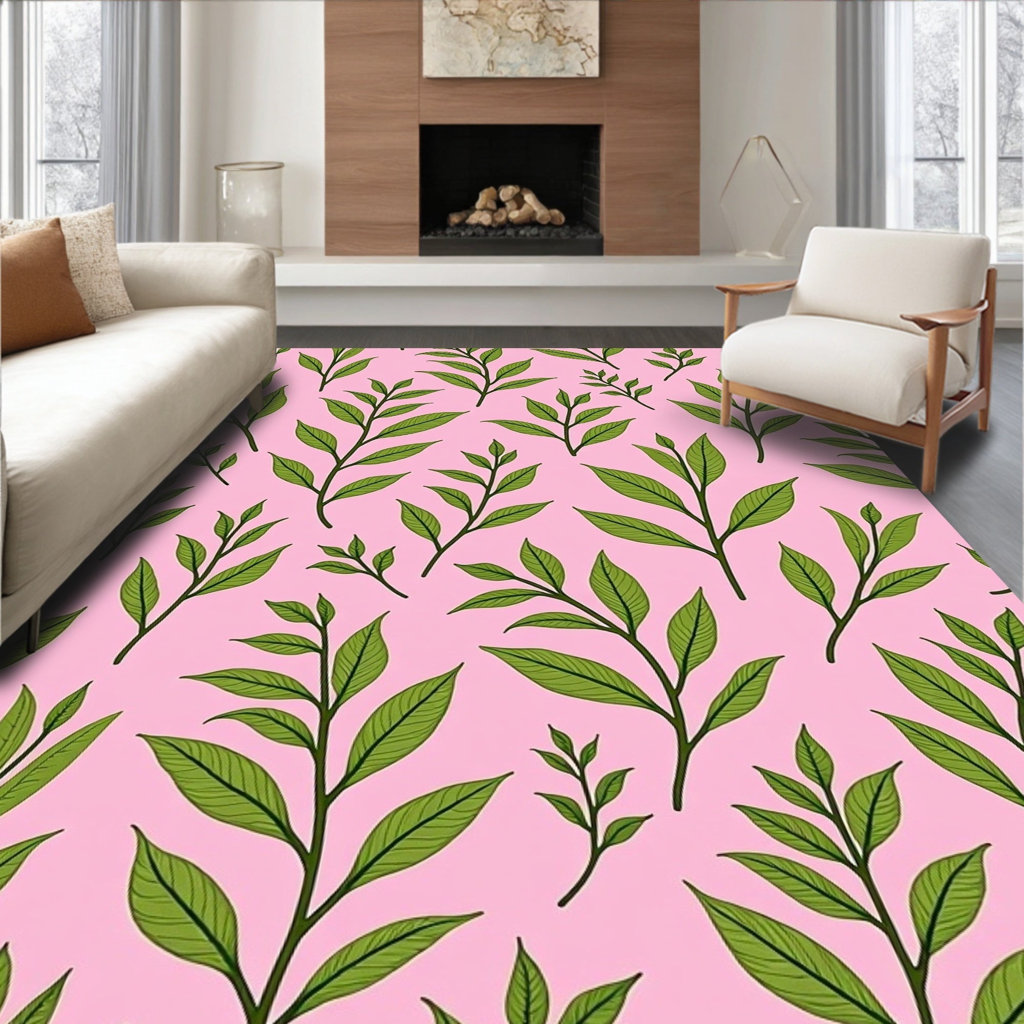 Delicate Green Leaf Pattern Rug