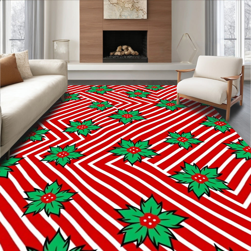 Red White Striped Poinsettia Rug