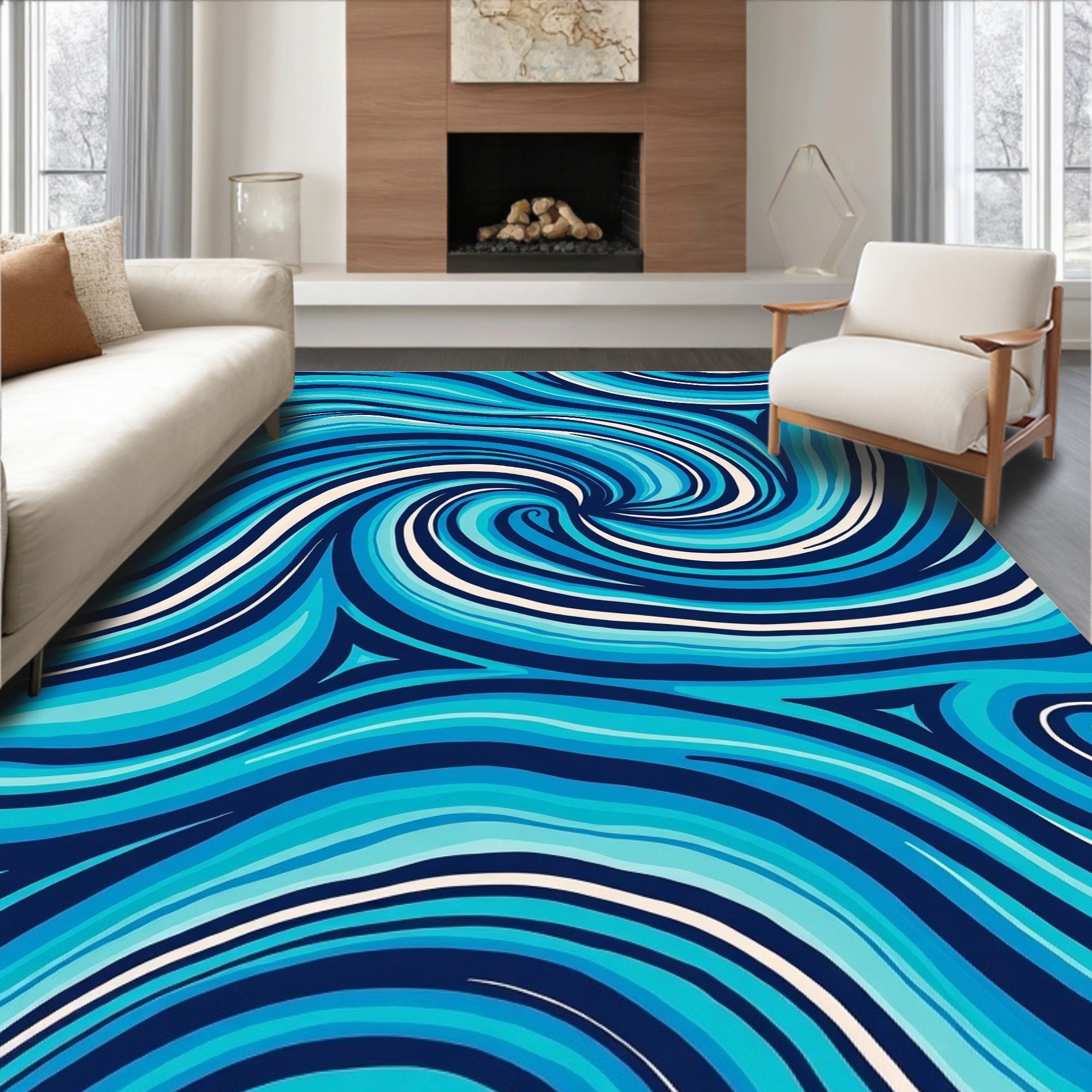 Swirling Blue Waves Pattern Rug