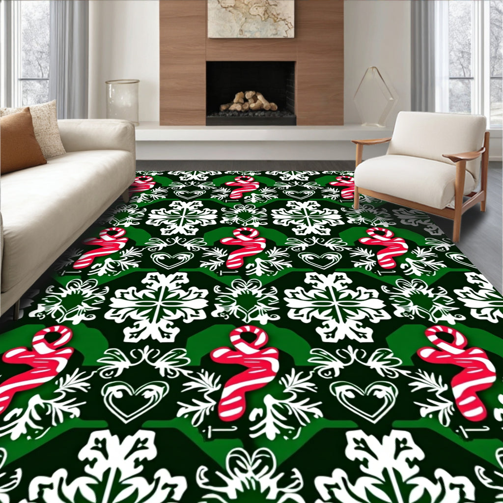 Red White Candy Cane Snowflake Hearts Rug