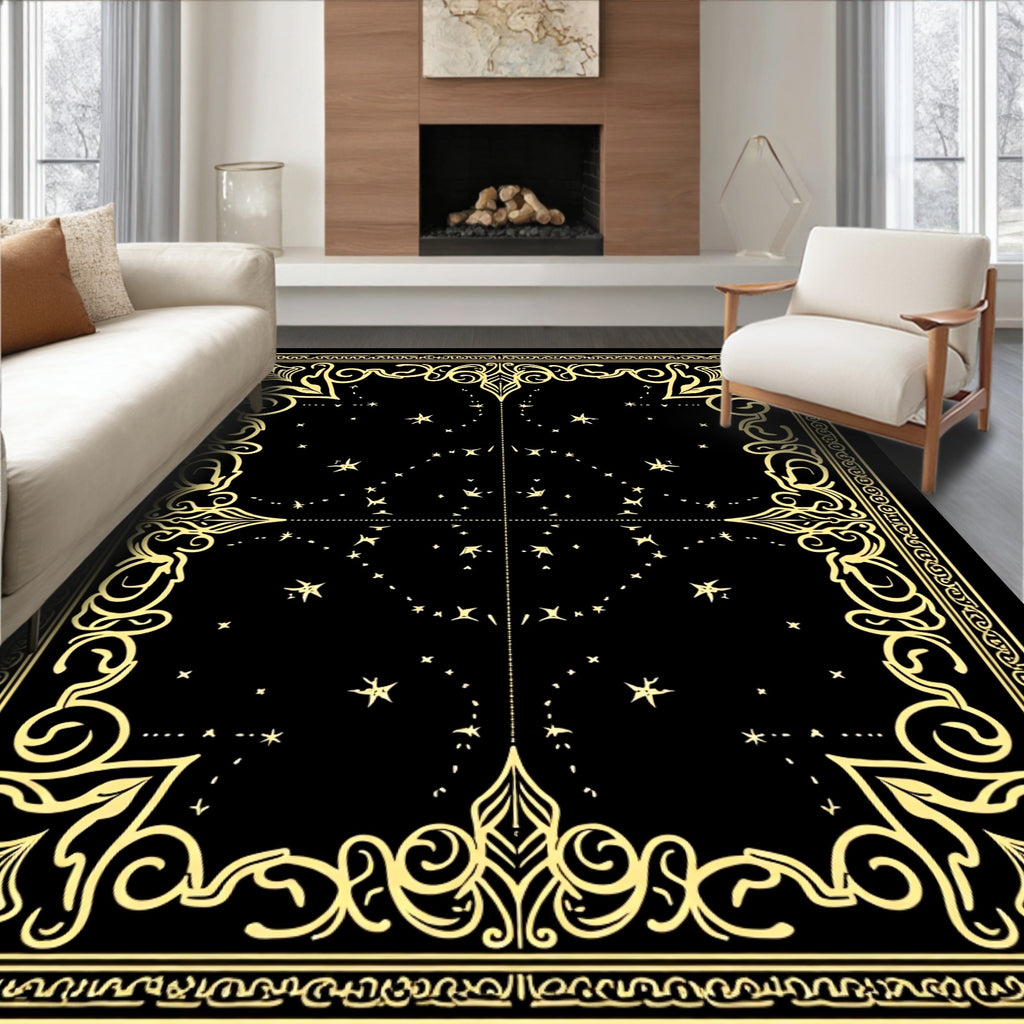 Vintage Black Gold Celestial Border Rug