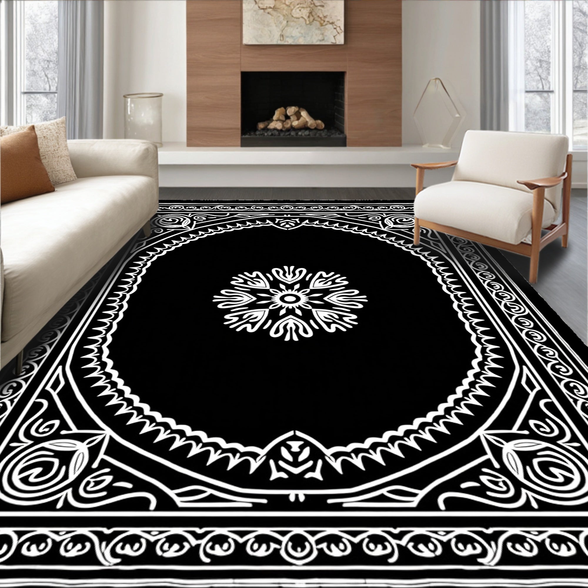 Ornate Floral Black White Design Rug