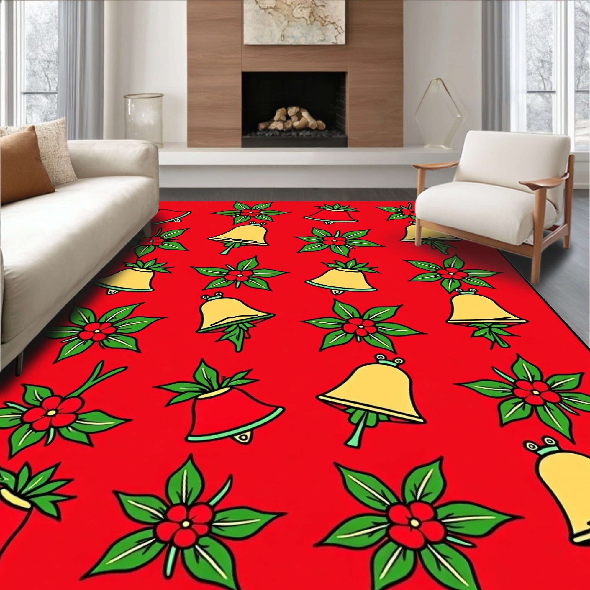 Red Holiday Bells Holly Wreath Rug