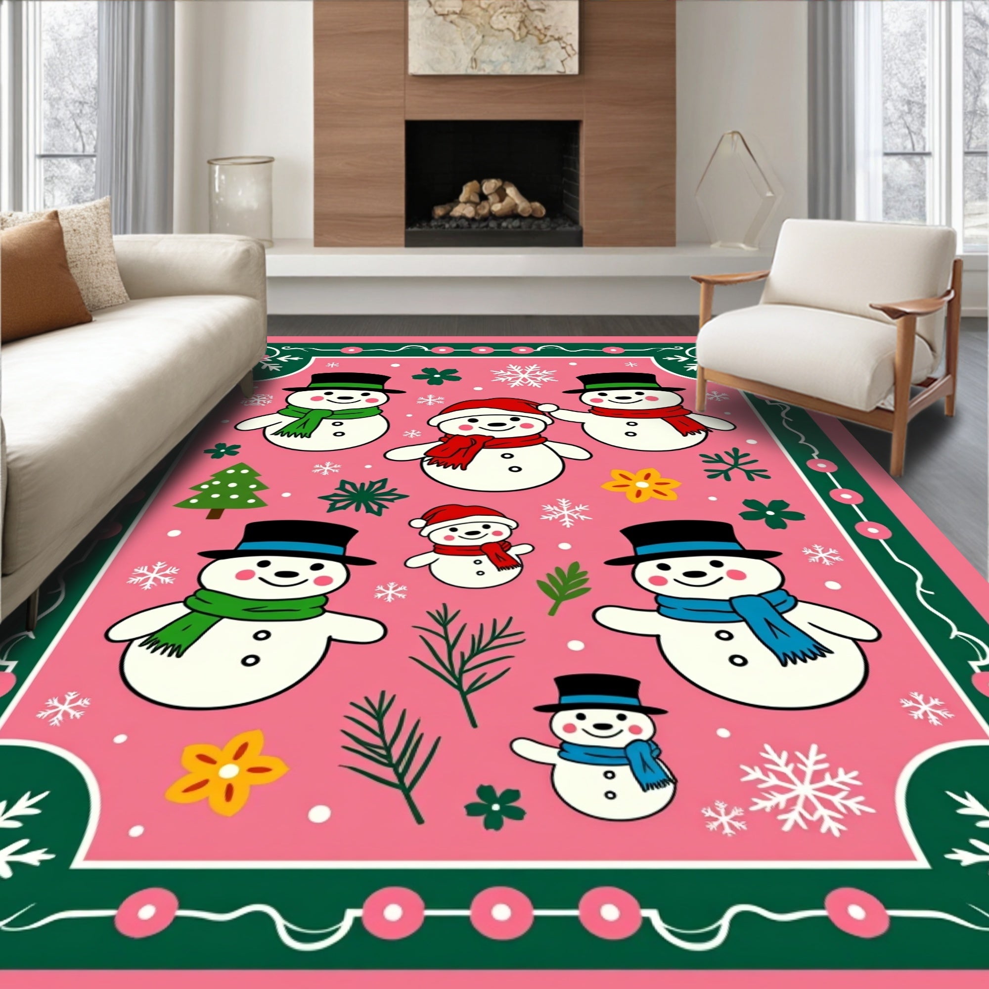 Charming Pink Snowman Scattered Folk Art Rug