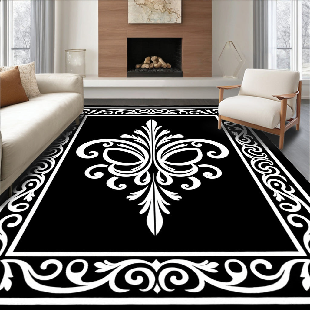 Ornate Black White Floral Swirl Rug