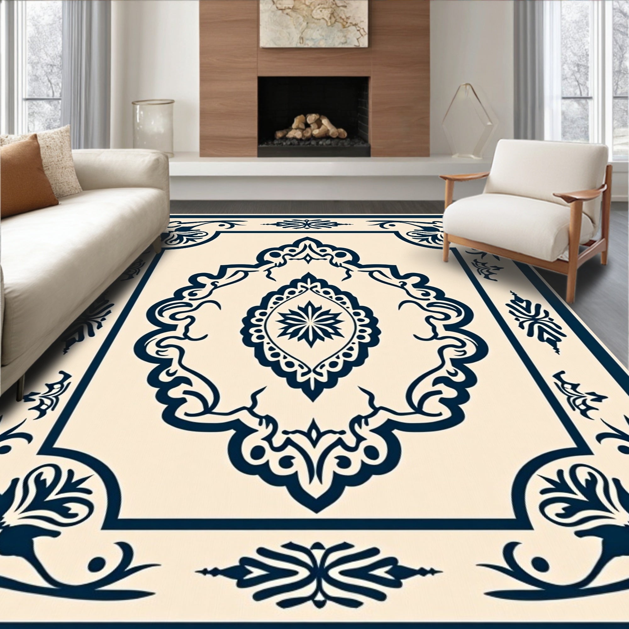 Classic Navy Cream Medallion Design Rug