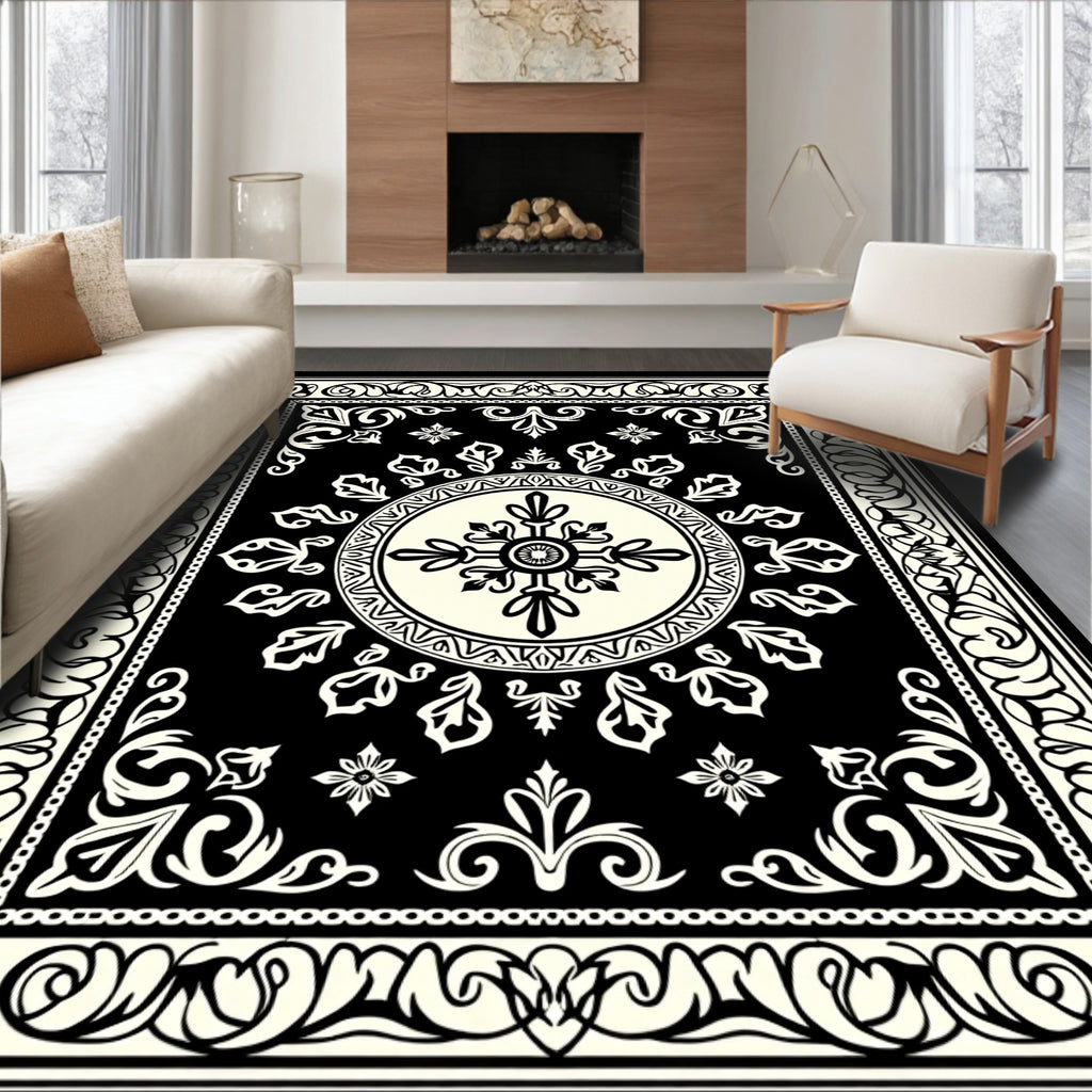 Classic Floral Mandala Black Rug