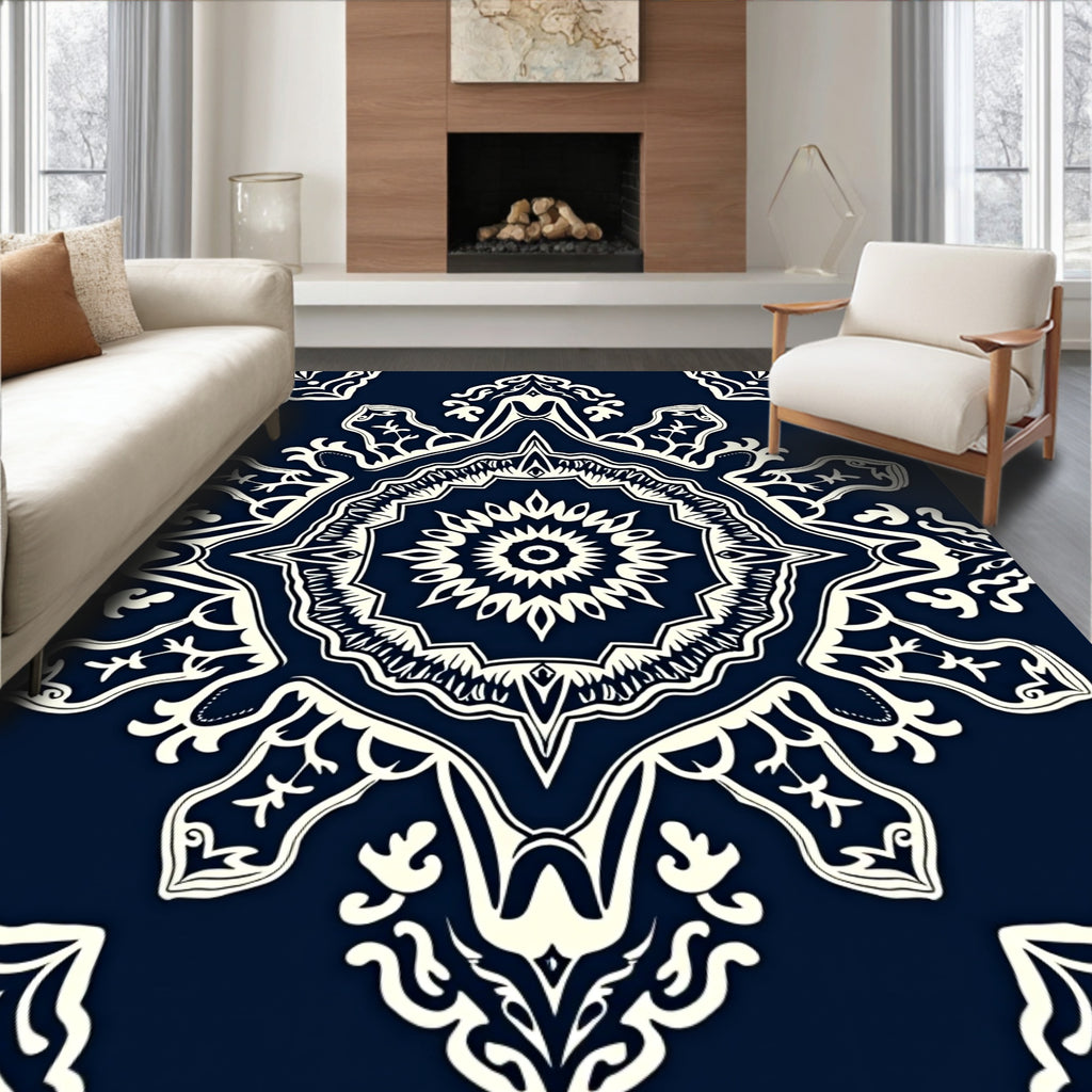 Navy Cream Intricate Mandala Pattern Rug