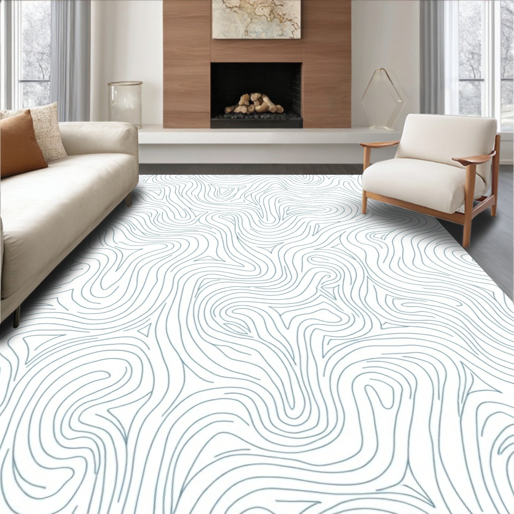 Abstract Blue Wave Pattern Rug