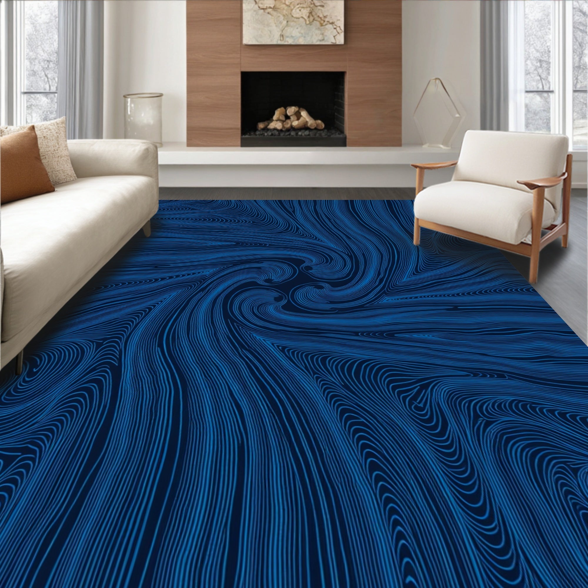 Swirl Pattern Blue Lines Rug