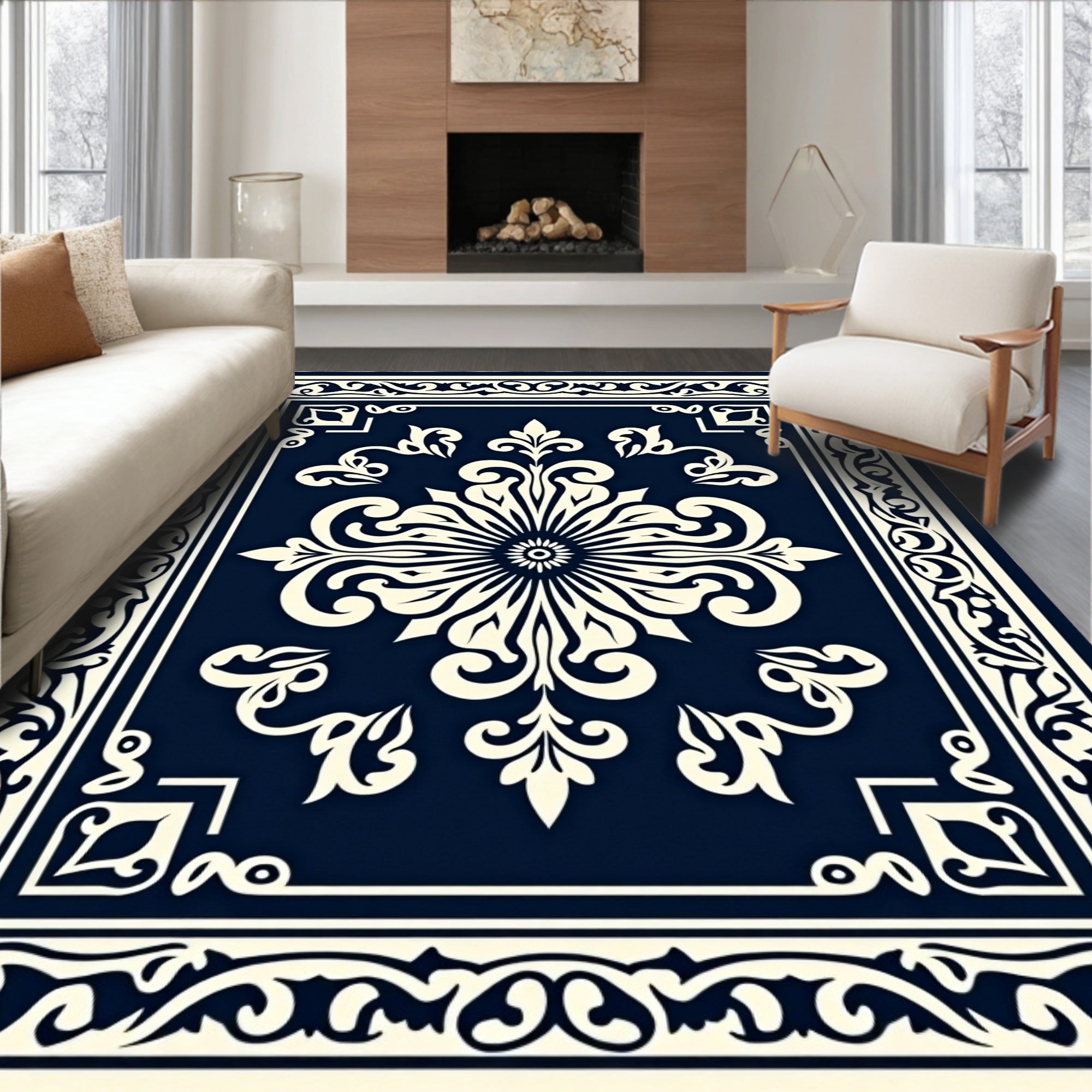 Ornate Cream Floral Navy Blue Accent Rug