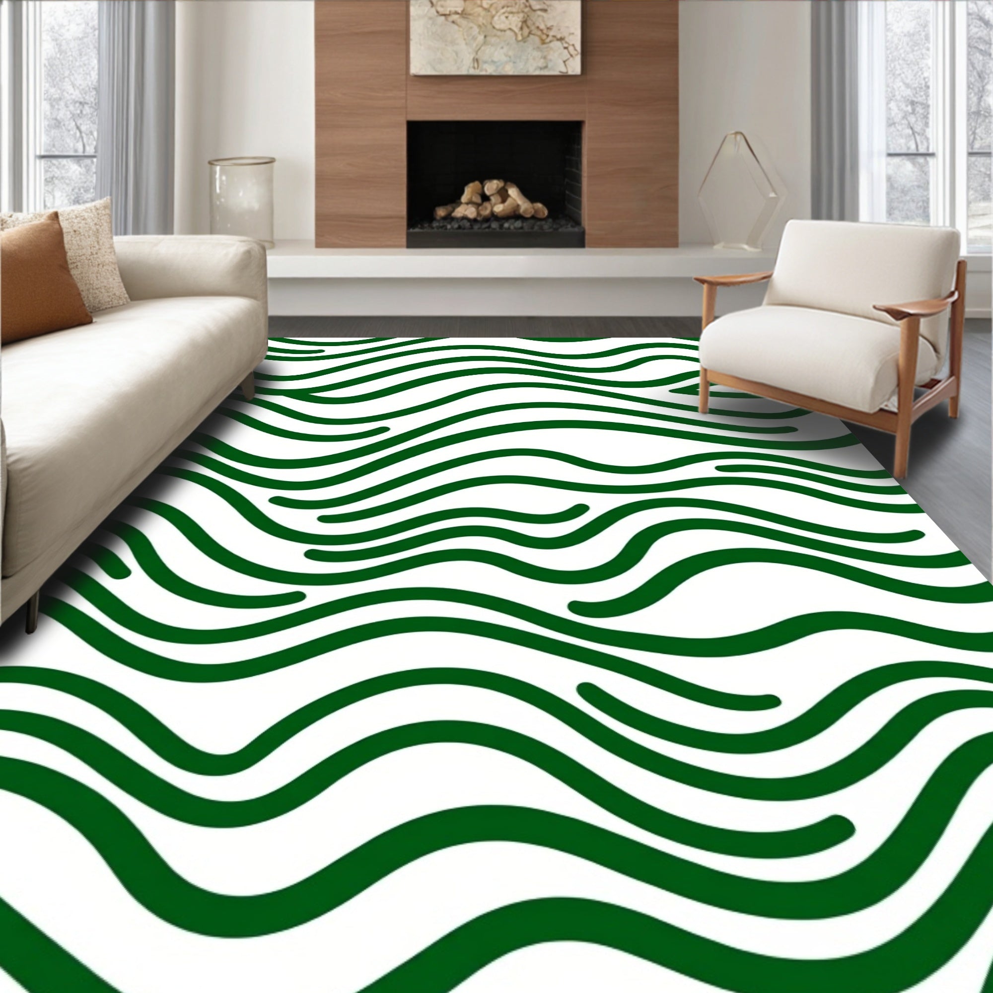 Green Wavy Striped Surface Pattern Rug