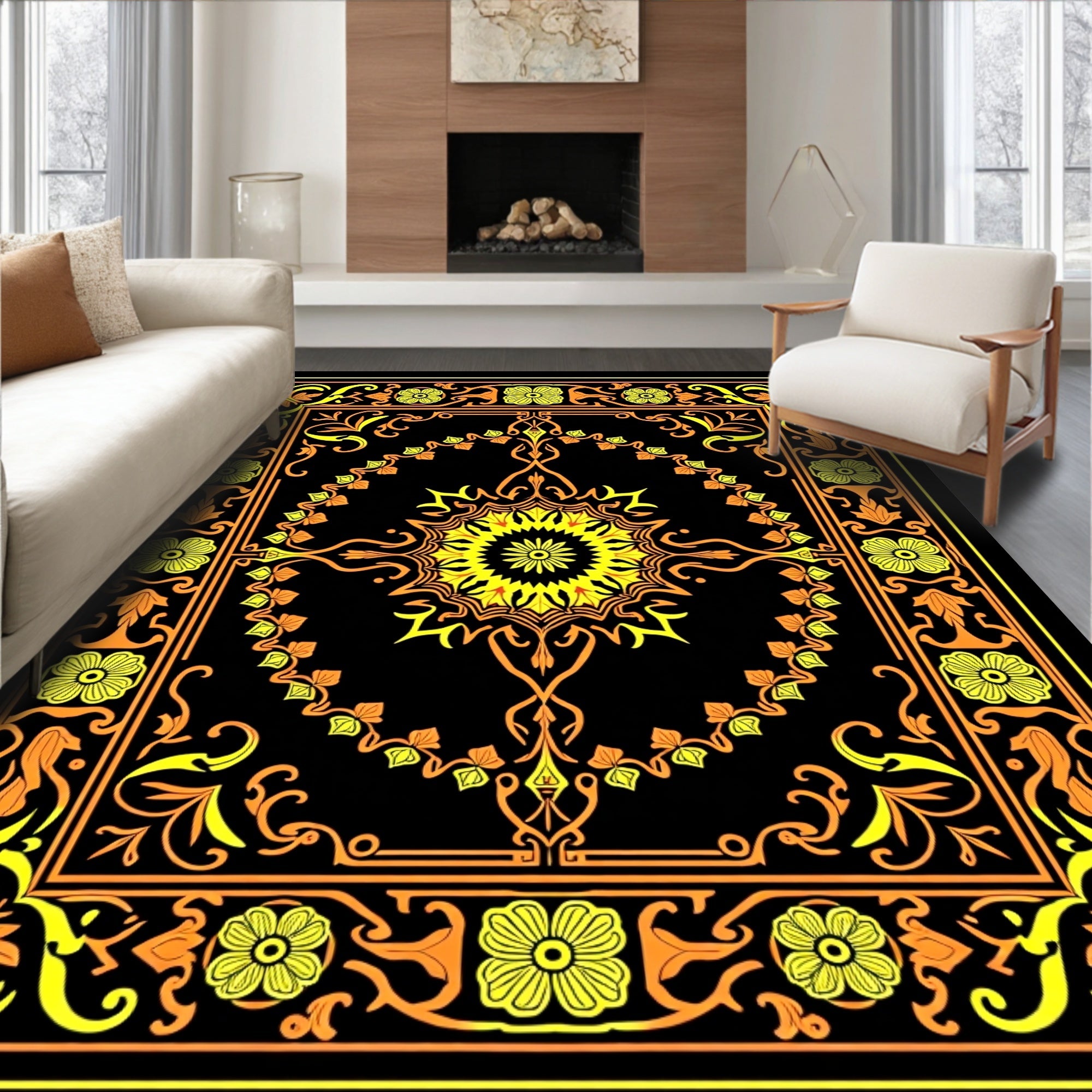 Ornate Floral Mandala With Border Rug