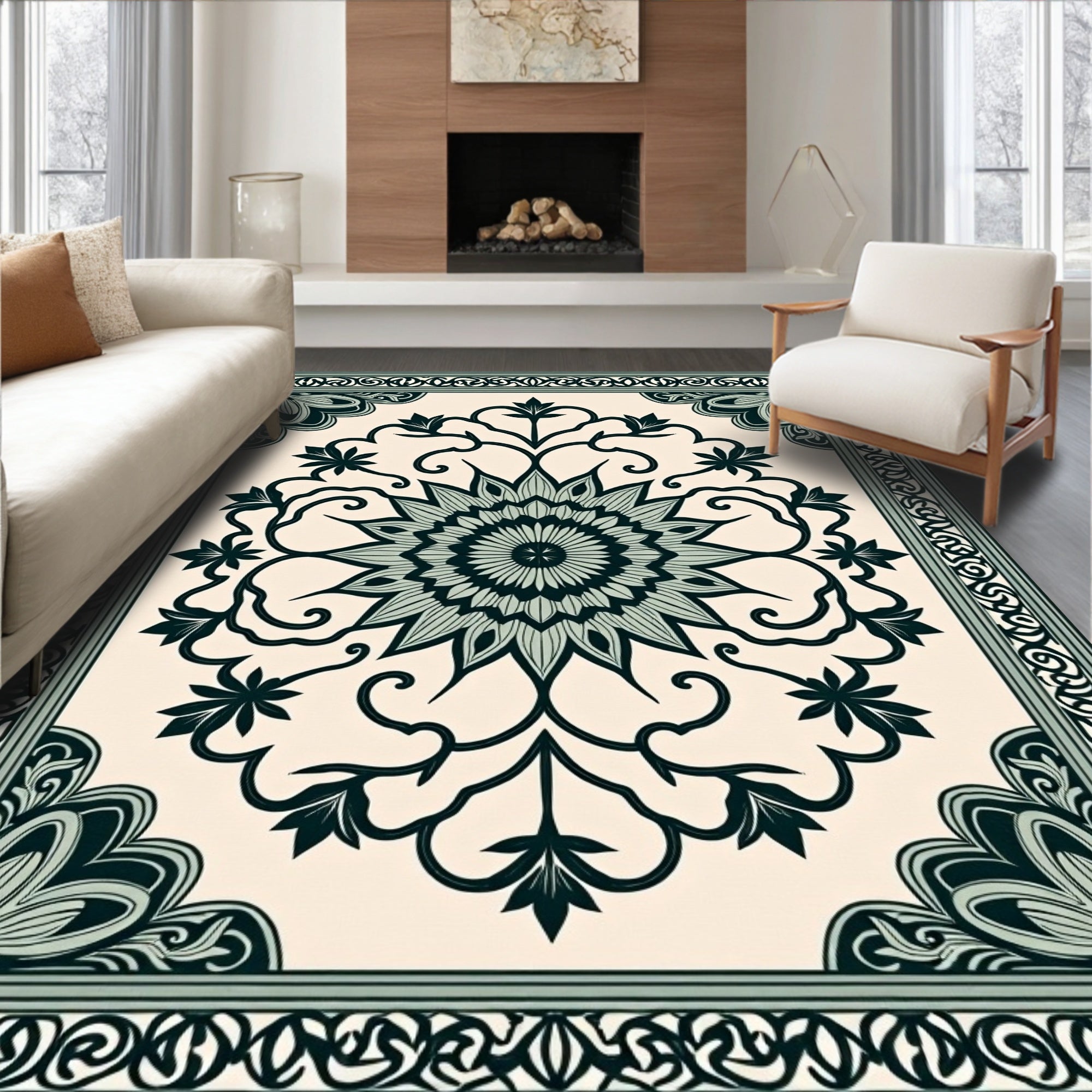 Elegant Floral Mandala Border Design Rug