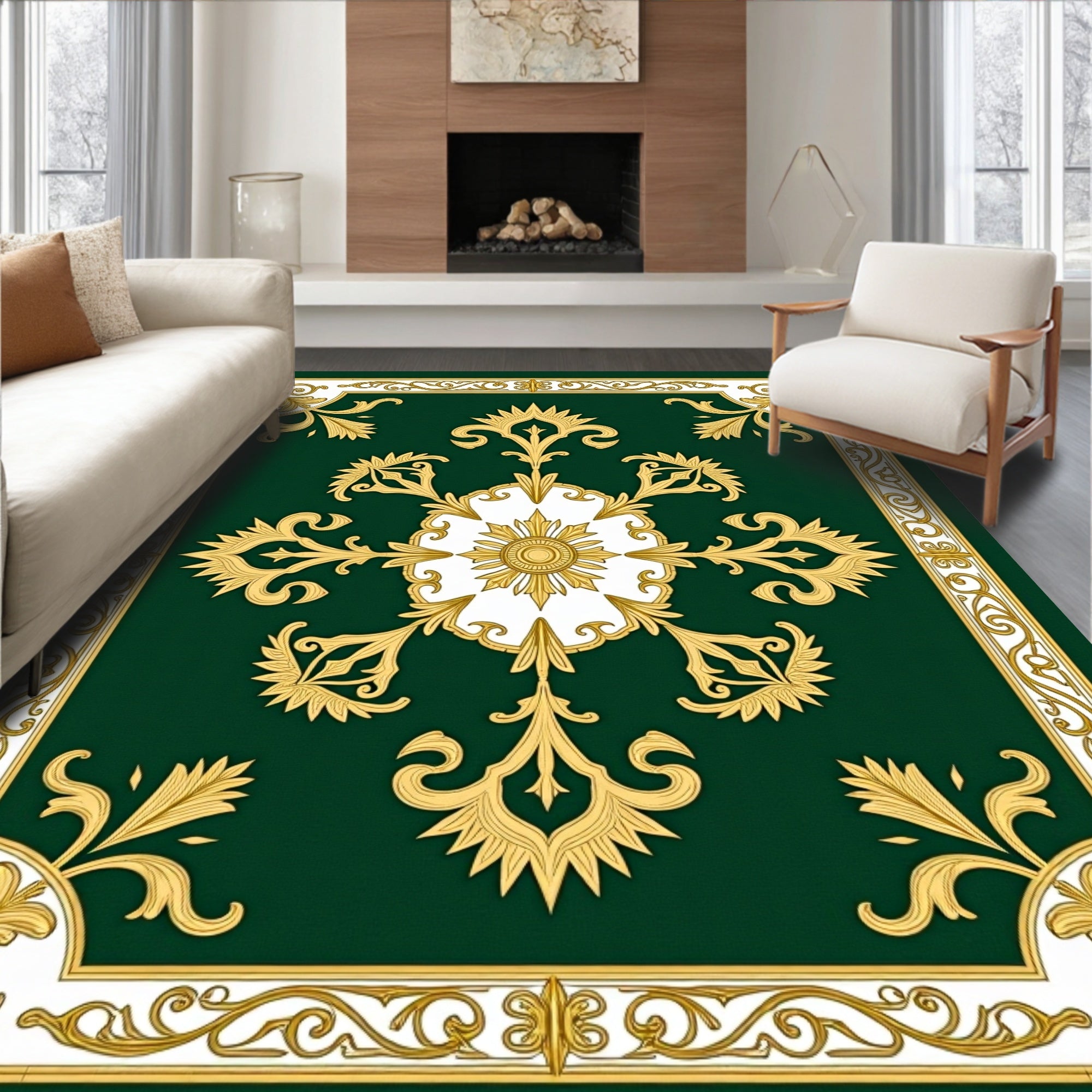 Elegant Golden Floral Emerald Pattern Rug