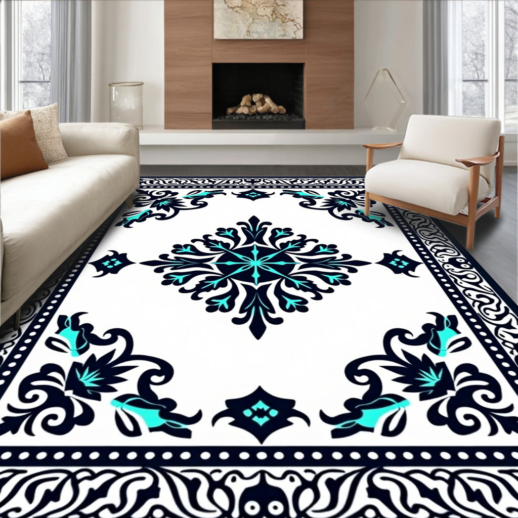 Ornate Teal and Black Floral Pattern Rug