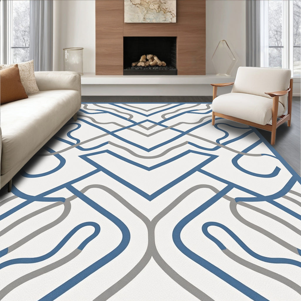 Abstract Blue Gray Interlocking Lines Rug