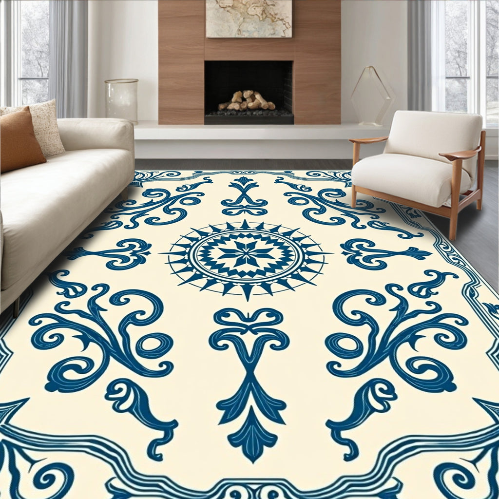 Elegant Blue Floral Compass Design Rug