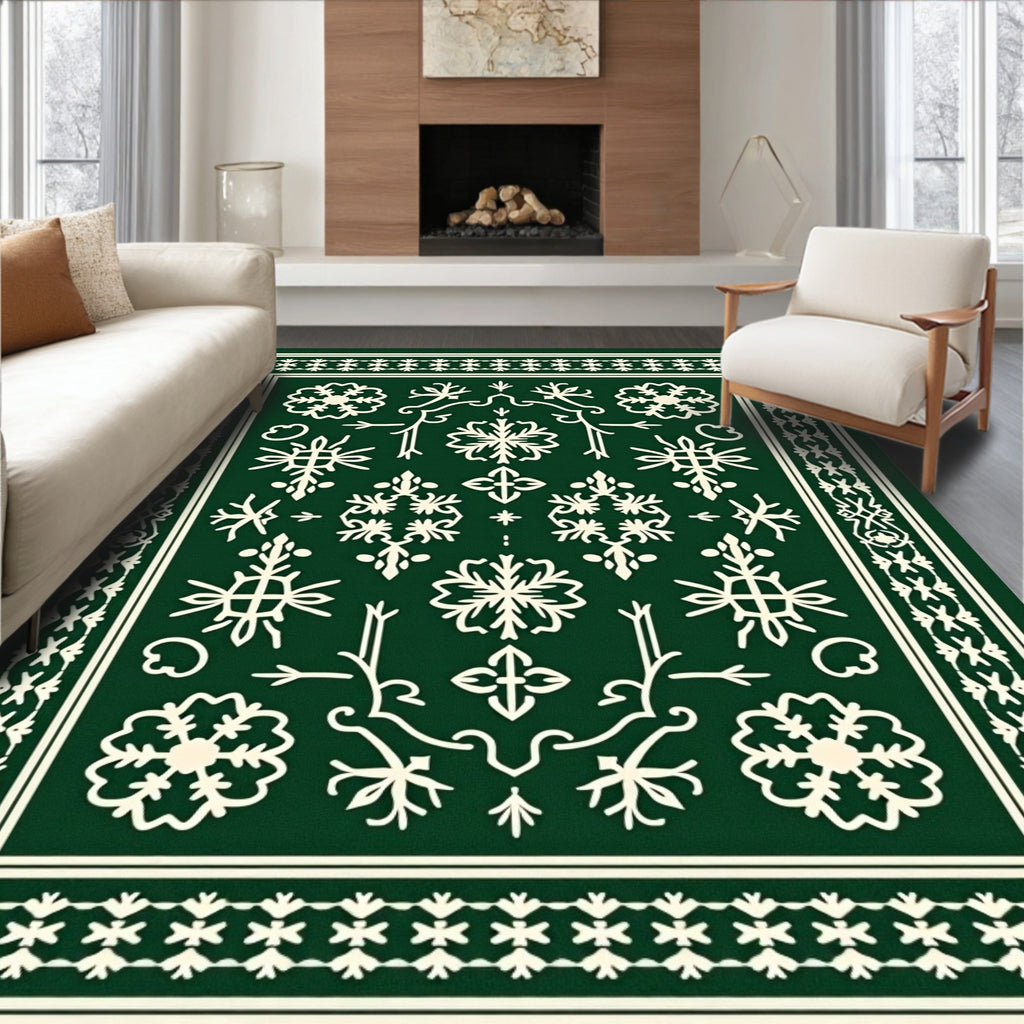 Green Snowflake Medallion Border Design Rug