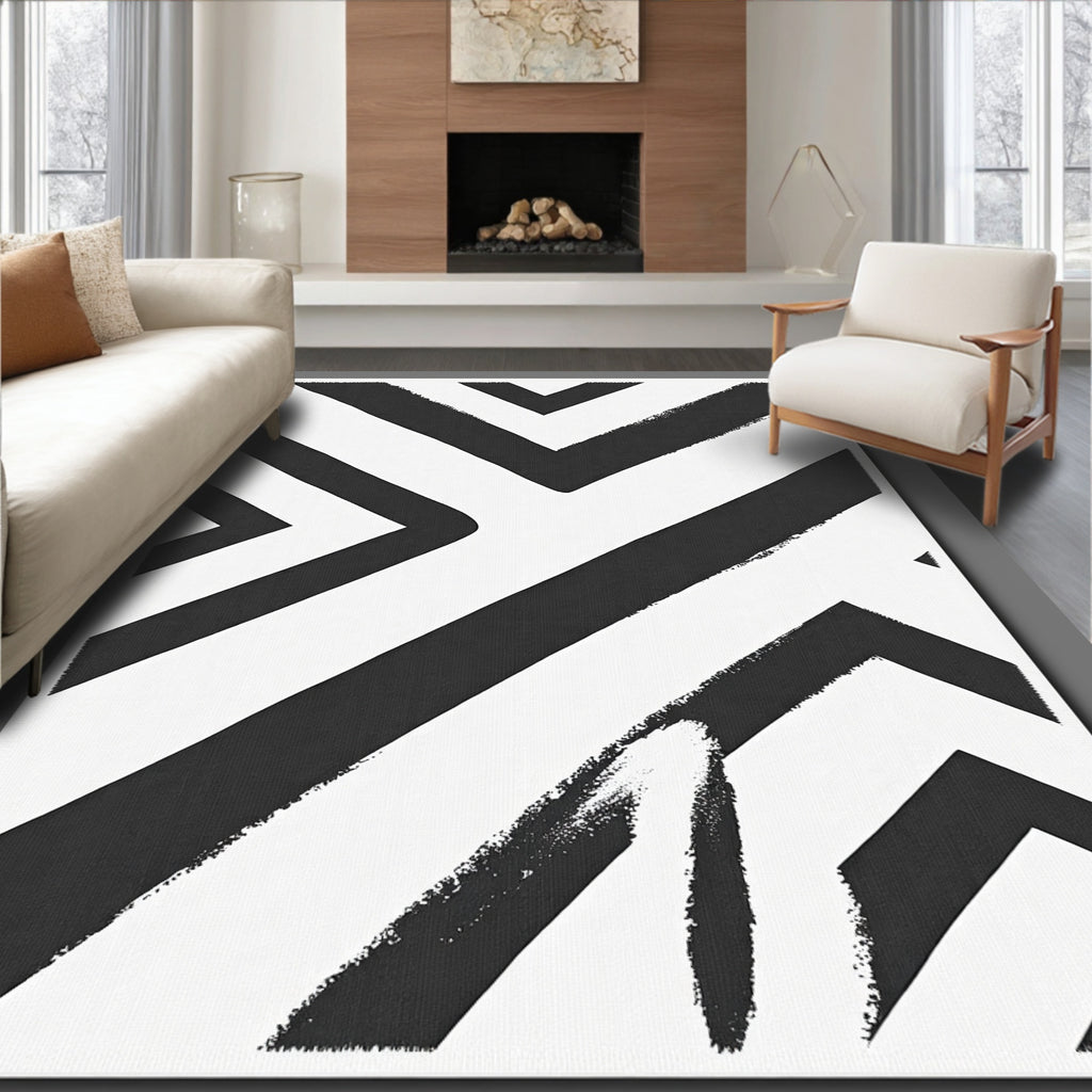Bold Black White Geometric Brushstroke Rug