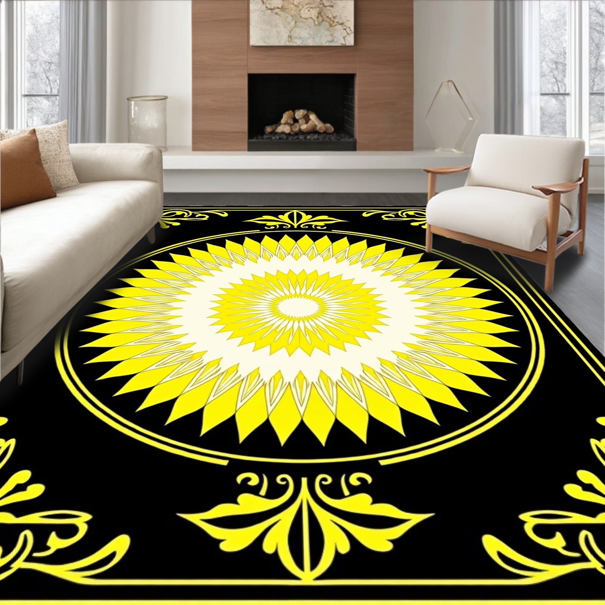 Bold Yellow Black Sunburst Medallion Rug