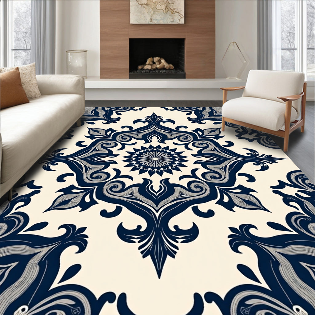 Dark Blue Cream Damask Pattern Rug
